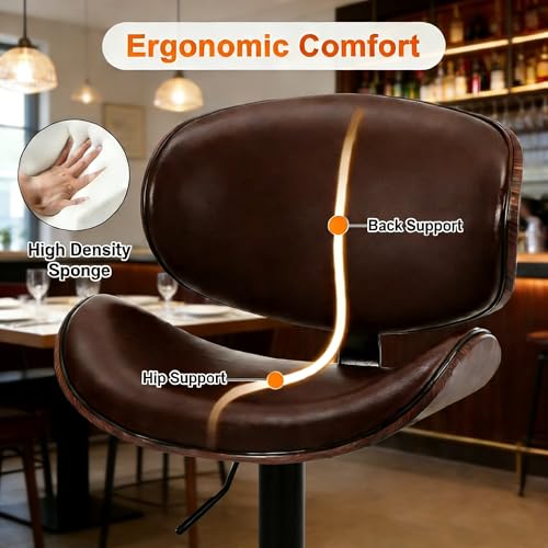Image of HealSmart Swivel Bar Stools Set of 2, PU Leather, Adjustable Height Bentwood BarStools with Ergonomic Back and Footrest, Ideal for Bar Stools for Bar Counter, Home Kitchen, Dining Room, Brown