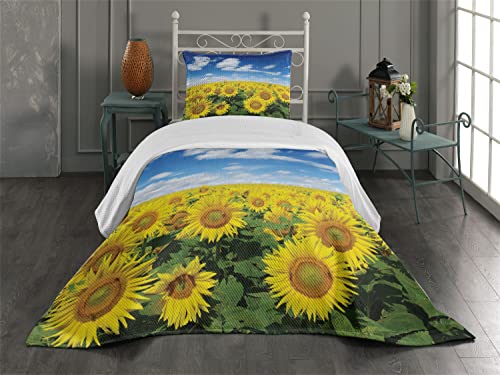 Ambesonne Sunflower Coverlet, Fresh Sunflowers Field Under Clear Sky Clouds Countryside Farm Picture, 2 Piece Decorative Quilted Bedspread Set with 1 Pillow Sham, Twin Size, Blue Green Yellow