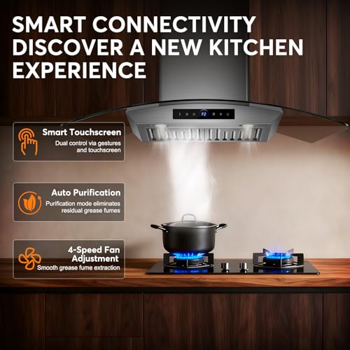 Image of 30 Inch Wall Mount Range Hood 1200 CFM, 4-Speed Wall Mount Range Hood with Touch Control & Gesture Sensing Stainless Steel Kitchen Stove Vent Hoods with 2 LED Lights Pro Series