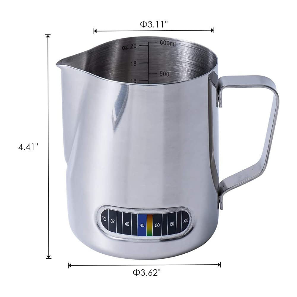 Milk Frothing Pitcher With Thermometer – 600ml Stainless Steel Steaming Jug For Latte Art
