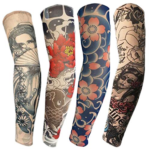 ふく福 刺青柄タトゥーアームカバー 冷感 腕カバー 日焼け止め タトゥースリーブ 通気 吸汗速乾 男女兼用フリーサイズ (4本セット)
