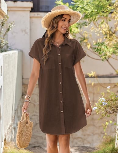 Image of Zeagoo Summer Dresses for Women 2026 Cotton Button Down Short Sleeve Tshirt Dresses Casual Mini Beach Dress