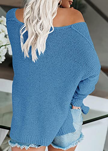 Image of Women's Off Shoulder Knit Sweaters Oversized V Neck Long Sleeve Loose Lightweight Pullover Tops