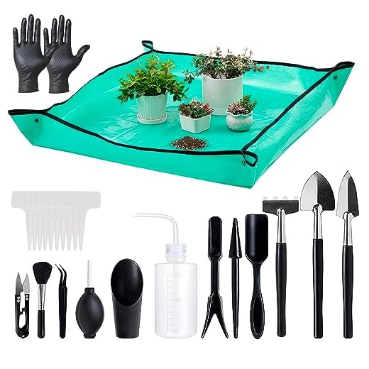 Melphoe 25Pcs Mini Garden Hand Transplanting Succulent Tools Set, 39.4" Thickened Repotting Mat & Plant Tag, Miniature Planting Indoor Fairy Care, Potting, Cactus, Houseplant Bonsai Tool Kit (Black)