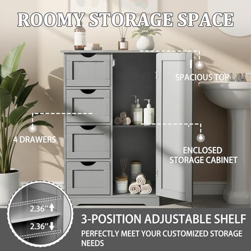 Image of Vasitelan Bathroom Wooden Floor Cabinet, Side Storage Organizer with 4 Drawers and 1 Cupboard, Freestanding Entryway Storage Unit Console Table,22 inch W x 11.8 inch D x 31.5 inch H (Gray)