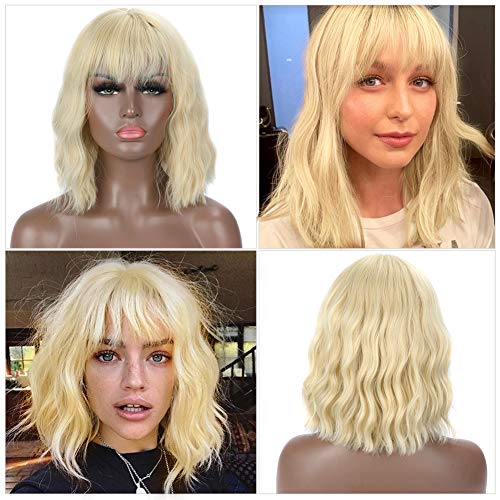 Blonde Wavy Wig With Air Bangs Women's Short Bob Wig Curly Wavy Shoulder Length 613 Bob Synthetic Cosplay Wig for Girl Colorful Costume Wigs(14", Blonde)