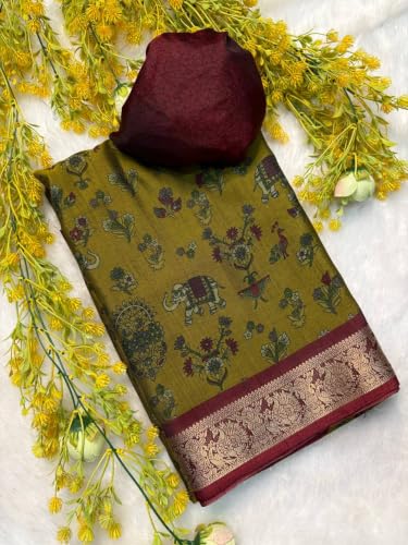 Image of Kalamkari Floral Prints Dola Silk Saree With Rich Zari Border Designer Pallu Attach Blouse Piece