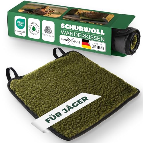Novaliv Jagdkissen Schurwolle 38 x 38 cm Moosgrün Ansitzkissen mit wasserabweisender Polyamid-Unterseite (PU) warm & isolierend atmungsaktiv /leise Hochsitz Kanzel Bodensitz leicht & kompakt