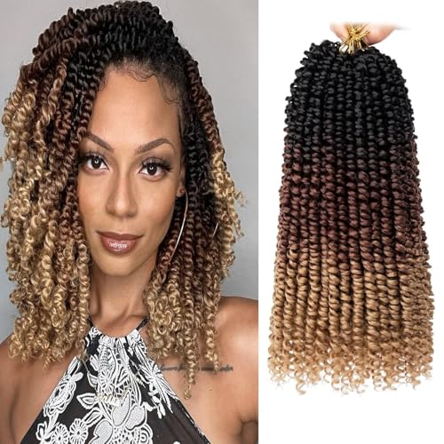 Xtrend 12 inch Short Pre twisted Passion Twist Hair 8Packs 3Tone Bohemian Pre Looped Synthetic Natural Hair Crochet Braids Passion Twist Hair for Black Women 12 Strands/Pack 1B3027#