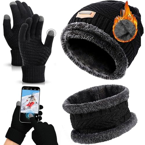 Consejos para Comprar Bufandas para Hombre comprados en linea. 44 FANBOLD Gorro Invierno Hombre Mujer frio,Guantes Tactiles y Bufanda Termica,Gorros y Bufanda Guantes Frio de lana Gorro Invierno Unisexo Regalos (3 piezas-Negro)