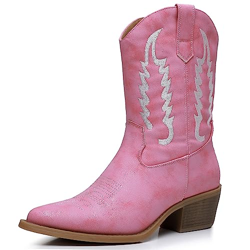 Image of GLOBALWIN Women's Square Toe Cowgirl Boots Classic Mid-Calf Cowboy Boots With Embroidered Stitching Low Heel Comfortable Western Boots For Country Outfits