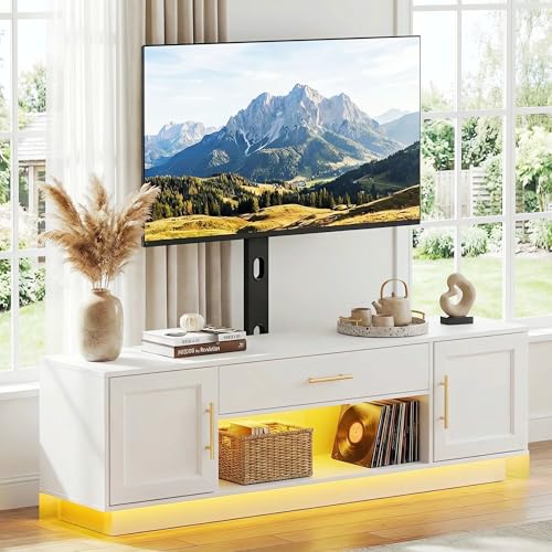 RALGEND 59 Modern TV Stand with Mount and Power Outlet Swivel TV Stand for 32/55/65/75 inch TVs Height Adjustable LED Entertainment Center Media TV Console Table for Living Room Bedroom White