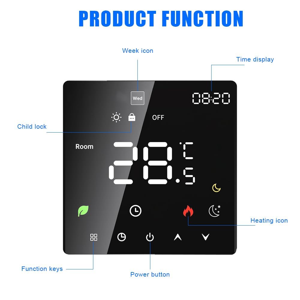 Termostato de Calefacción por Suelo Radiante, Termostato de Ambiente, Termostato de Calefacción, Eléctrico Inteligente, WiFi, Pantalla Táctil, Control por (Calefacción eléctrica