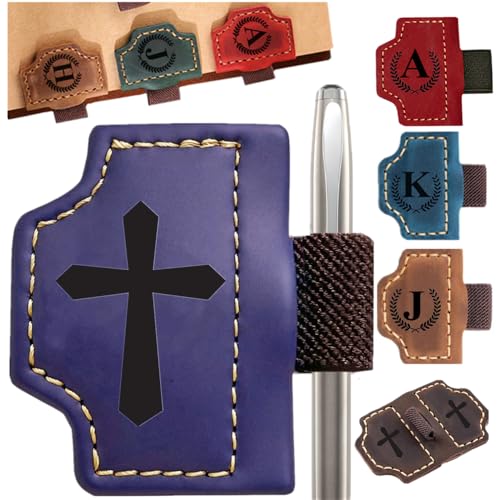 Image of Custom Bookmark with Pen Holder with 26 Letters Personalized Magnetic Leather Book Mark, Customized Name Book Marker Clip with Initial for Men Women, Gifts for Book Lovers, Readers (Purple, Cross-1)