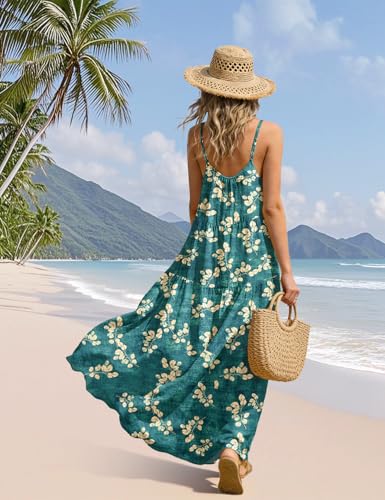 Image of YESNO Summer Bohemian Floral Dresses for Women Spaghetti Straps Maxi Dress Casual Flowy Dresses with Pockets ES0