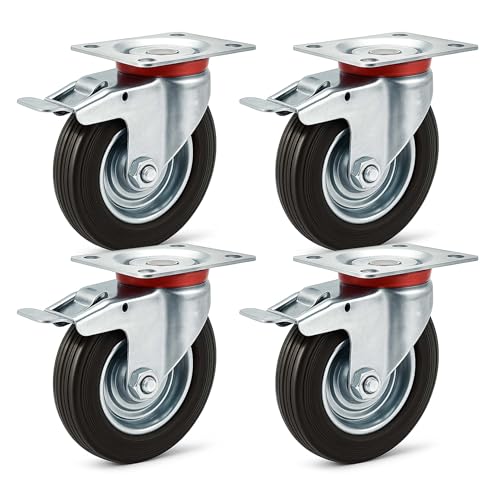 Wiltec Jeu 4x Roulette pivotante Blocage double – Ø 160 mm – Capacité 130 kg – en Caoutchouc – Roue avec Frein et Plaque de montage – Transport Appareil Accessoire Meuble – Usage silencieux sans trace