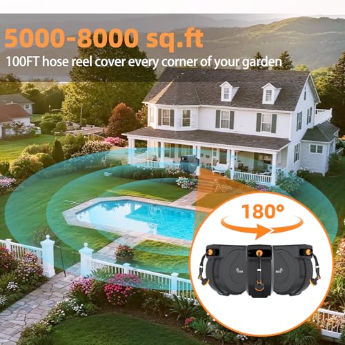 Retractable Garden Hose Reel 5/8 in x100 ft, Heavy Duty Wall Mounted Hose Reel with 10- Function Sprayer Nozzle, Any Length Lock/Automatic Slow Return System,180° Swivel Bracket - Image 3