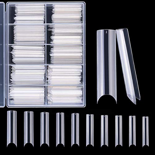 Extra Long Half Cover Nail Tips - 200Pcs C Curve XXL Nail Tips Artificial French Nail Tips for Nail Salon and Home DIY, 10 Sizes with Box (Clear)