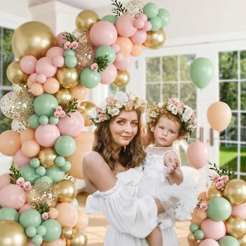 Image of Pink and Green Balloons, 65Pcs Light Pink Balloon, 12In Retro Green and Pink Balloons for Birthday Bridal Shower Baby Shower Decorations