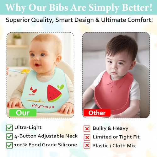 Image of GLUN Pack of 2 Soft Feeding Bibs with Bowl, Cute Watermelon Print for Growing Champs, Easily Wipes Clean, Comfortable Soft Baby Bibs, Less Time Cleaning after Meals for Babies