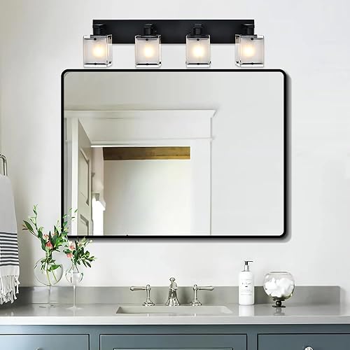Miniatura 3 de WINSHEN Iluminación de tocador de baño con 4 luces sobre el espejo, lámparas de pared de baño negras con pantalla de vidrio rectangular esmerilado