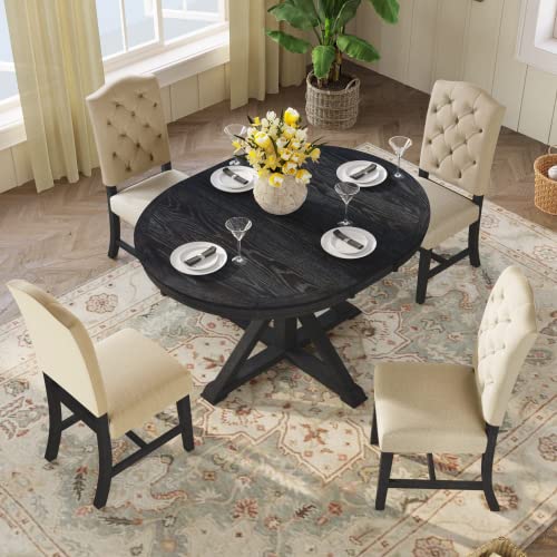 ( incomplete 1box of 2. missing 2 of 2). WILLIAMSPACE Wood Dining Table, Round Extendable Kitchen Table, Retro Dining Table for 4 to 6, Country Rustic Dinner Table for Dining Room Living Room (Black)