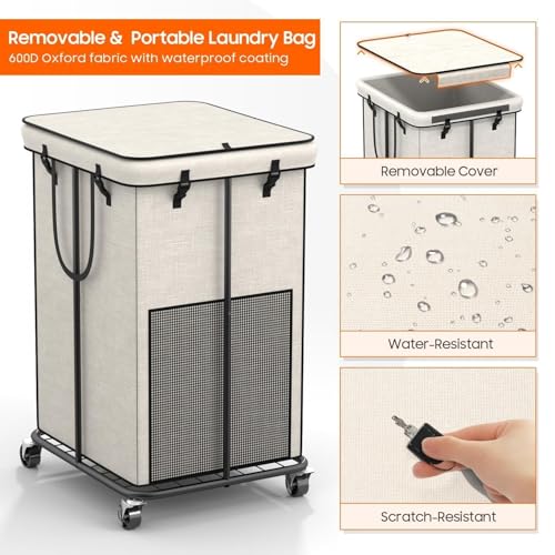 Image of 160L Laundry Hamper with Lid, Rolling Laundry Basket with Wheels, Large & Tall Dirty Clothes Hamper with Metal Frame and Removable Bag for Bedroom Aesthetic, Laundry Room, Bathroom, Dorm-White