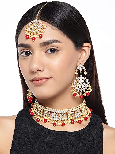 Image of Aheli Elegant Indian Faux Kundan Studded Choker Necklace with Maang Tikka Set Ethnic Wedding Wear Bharatanatyam jewellery set Gift for Women