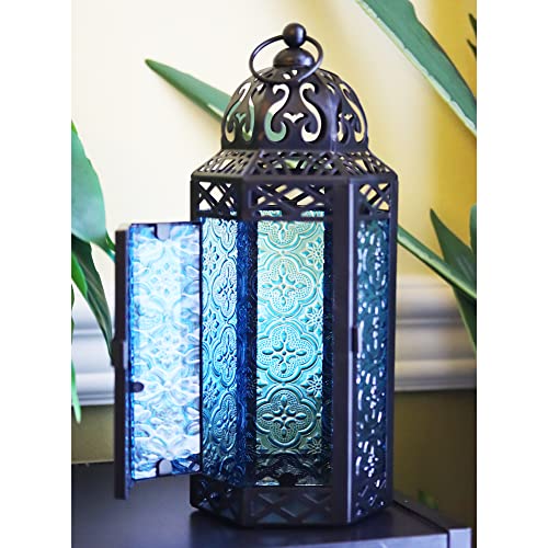 Vela Lanterns Moroccan Decorative Candle Lantern Holder For Ramadan, Blue Glass, Medium #TOP1