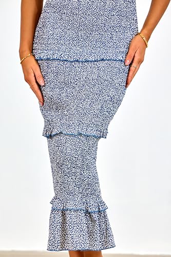 Image of dowerme Women Summer Casual Floral Midi Smocked Bodycon Dresses Spaghetti Strap Square Neck Ruffle Mermaid Prom Dress
