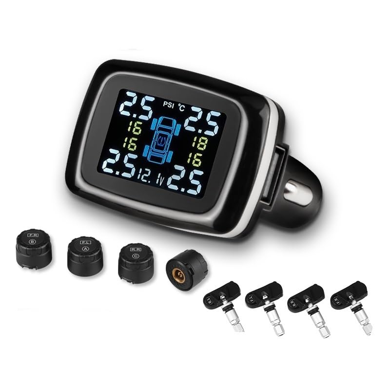 Tpms Sistema di monitoraggio della pressione dei pneumatici for auto, accendisigari con porta USB, allarme di sicurezza automatico, quattro sensori esterni Pressione Pneumatici(External sensor)