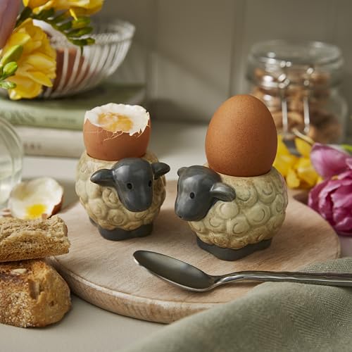 Cooksmart Highland Sheep Eierbecher Set mit 2 Stück, Britisches Design, Steingut, rustikaler Schaf- und Naturdruck, Frühstücksgeschirr im Bauernhaus-Stil, langlebiges und dekoratives Küchenzubehör – Bild 6