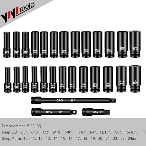 Image of YIYITOOLS 1 /2 Drive Socket Set, 29-Piece Deep Impact Socket Set, Standard SAE (3 /8 inch- 1 inch), Metric (10mm-24mm) Sockets with 3 inch, 5 inch, 10 inch Impact Extension Bar, Cr-V Steel, Colored Groove