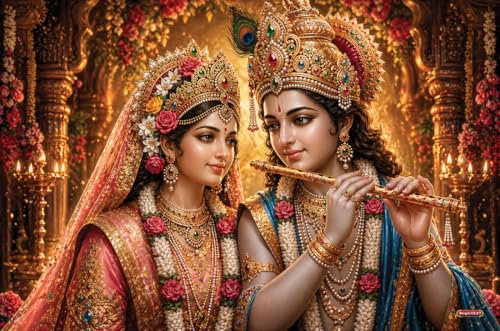 Image of Rangoli Radha Krishna Self Adhesive Poster 18x12 Inch | Divine Hindu God Wall Sticker Poster for Home Temple Pooja Room Living Room Bedroom Decor | Spiritual Devotional Wall Art