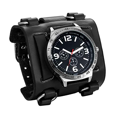JewelryWe Montre avec Large Bracelet en Cuir Marron & Noir pour Homme Garçon Noir