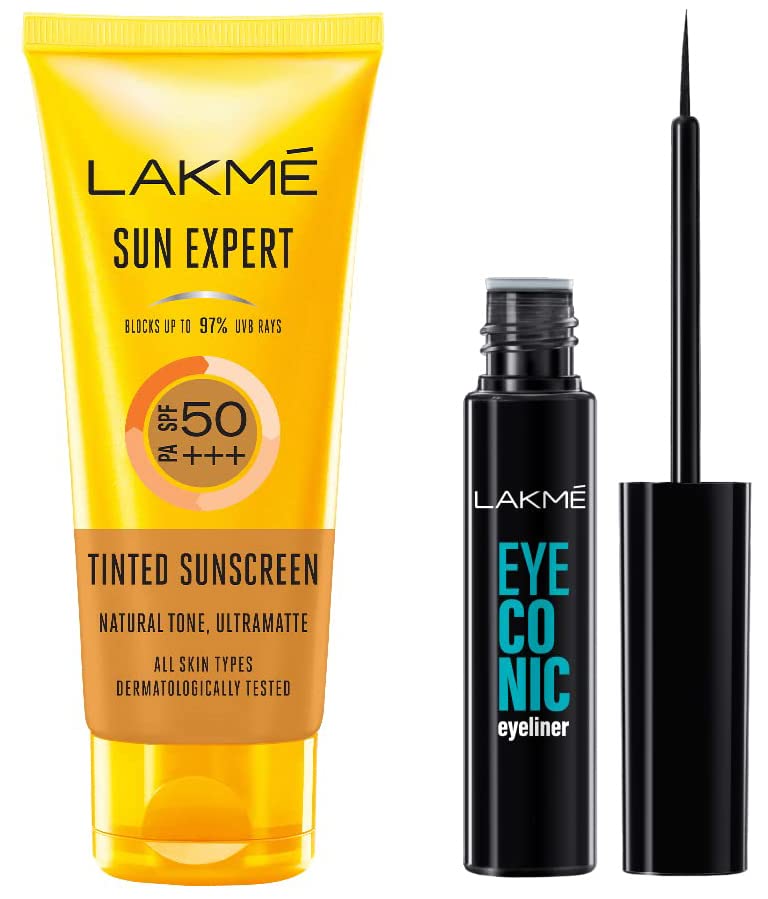 Image of LAKME 50 Spf Sun Expert Tinted Sunscreen Cream (50 G) For Alll Skin type & Eyeconic Liquid Eyeliner, Black, 4.5 Ml