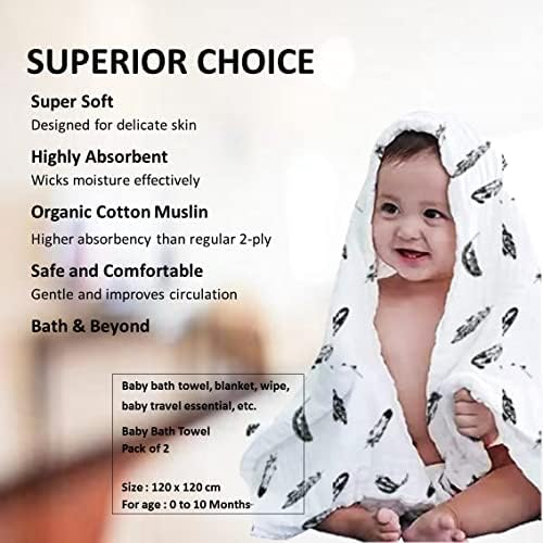 Image of Organic Cotton Muslin Pack of 2 Baby Bath Towel Cotton Cloth Premium Baby Washable, Reusable, Absorbent, Extra Soft 120 X 120 Cm Blue Dot & Grey Zig Zag