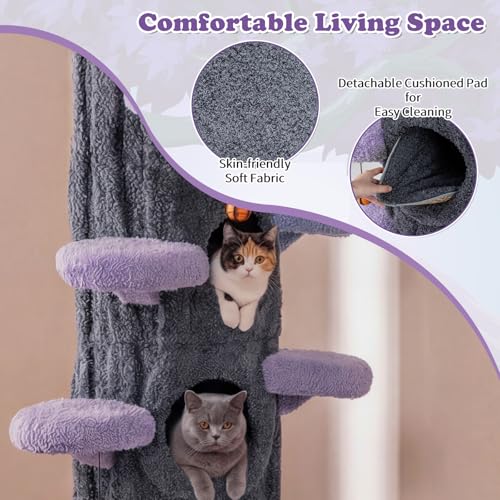 Image of PETSITE 90.5-inch Tall Cat Tree, Tree-Like Modern Cat Tower with Sisal Scratching Pad, Five Cat Condos, Cute Hanging and Spring Toys, Large Cat Tree Tower for Indoor Cats (Purple)