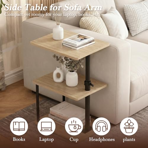 Image of Faesun 360 Swivel Side Table for Height Adjustable, C Shaped End Table for Couch with Storage, 3-Tier Night Stand with Open Shelf, Tv Tray for Small Spaces, Living Room, Bedroom, Oak