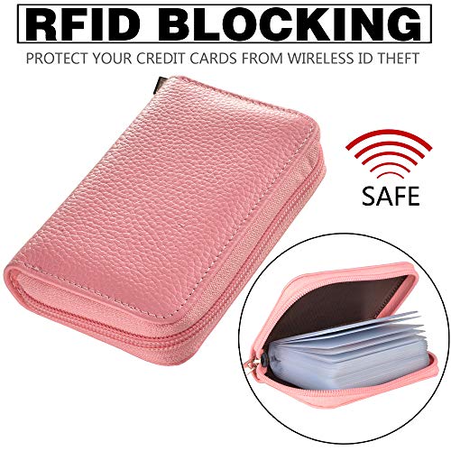 Image of Easyoulife Genuine Leather Credit Card Holder Zipper Wallet With 26 Card Slots (Pink)