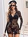 Avidlove Women's Lace Long Sleeve Babydoll Lingerie Dress And Thong Set Sexy Deep V-Neck Party Clubwear Outfits Mesh Bodycon Black