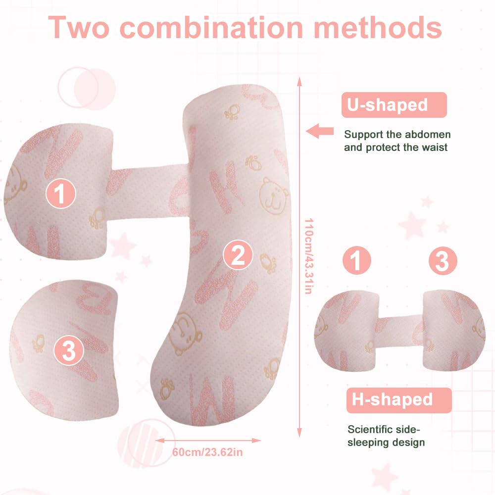 Almohada de embarazo ajustable, almohada de embarazo para dormir, almohada de embarazo de espuma viscoelástica para abdomen, espalda, ajustable y portátil para dormir de lado (oso rosa)