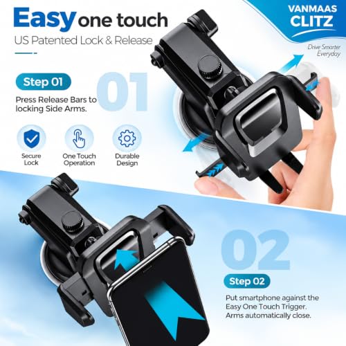 Image of VANMASS CLITZ Car Phone Holder for Dashboard, 360 Rotatable Mobile Holder with Strong Suction Cup, Adjustable Arm, One Touch Lock, Universal Smartphone Mount for Car