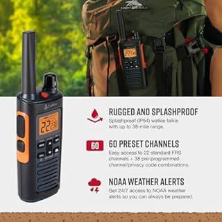 Cobra RX680 Walkie Talkies (2-Pack) - Rugged & Splashproof Two Way Radios Long Range, IP54 Water Resistant Design, 60 Pre-Programmed Channels, Weather Alerts, Included Charging Dock (Black/Orange)