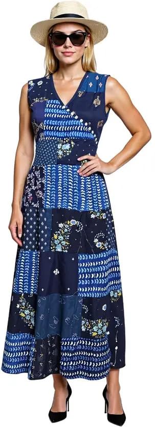 Women's Sleeveless V-Neck Printed Patchwork A-Line Maxi Dress in Soft and Breathable Rayon Fabric Ideal for Casual Outings Travel and Everyday Comfort-picture-23