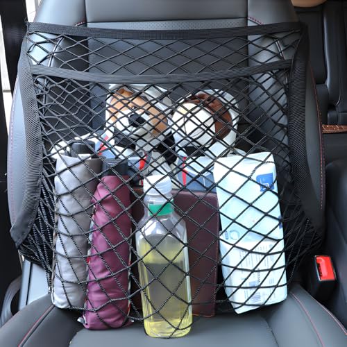 NIXNEHC Car Seat Net Passenger Seat Caddy Double Layer Front Seat Versatile Elastic Organizer Net Purse Holder Most Sizes Shapes Universal for GMC Ford Toyota No Removal Required 19.69 x 15.75