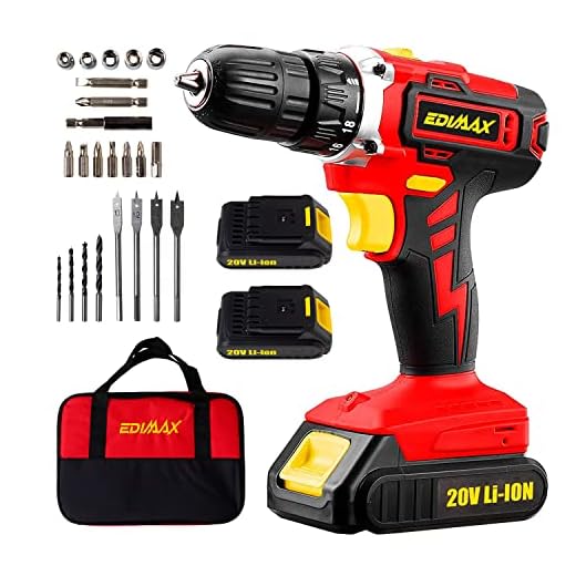 Edimax, Taladro Percutor a Batería, Destornillador Eléctrico, 20V, 35N.m Máxima Torsión, 26 Accesorios, 2 Baterías de Litio incluidas (1300mAh)