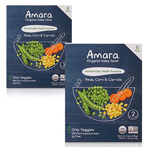 Amara Organic Baby Food | Peas, Corn & Carrots | Baby Cereal to Mix With Breastmilk, Water, or Baby Formula | Baby Food Pouches, Made from Organic Fruit and Veggies | Stage 2 | 10 Pouches