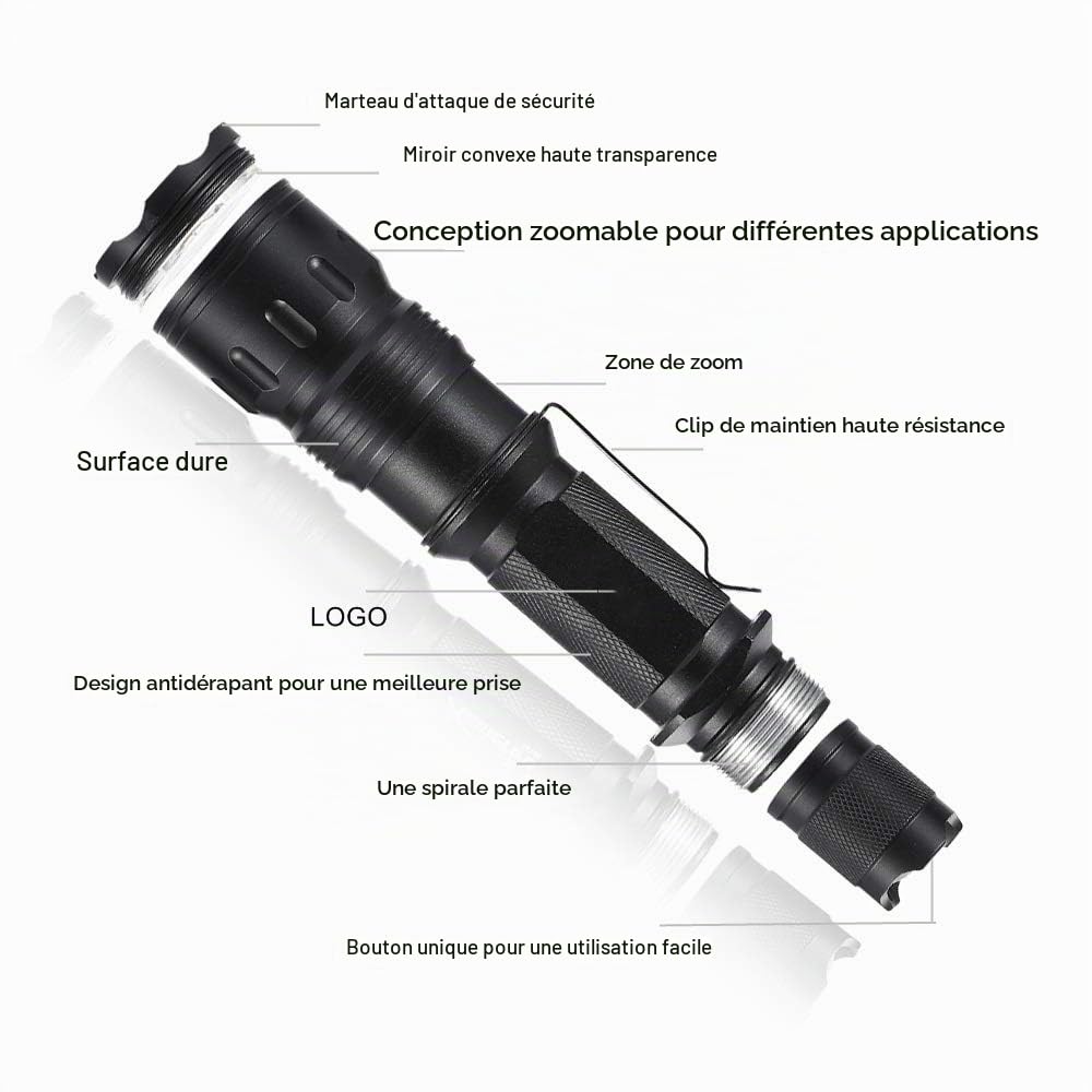 Lampe Torche Tactique LED Puissante 1200 Lumens, Lampe de poche Rechargeable avec Interrupteur de Pression Zoom capable et 5 Modes Lampe de Chasse étanche avec Montage sur Rail