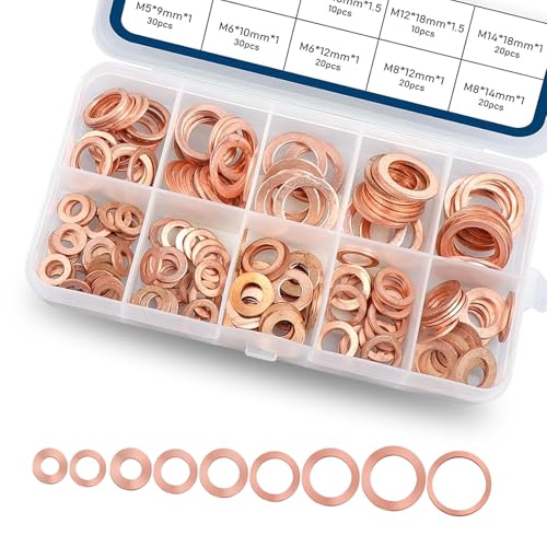 QODOLSI - Juego de 200 arandelas planas para cárter de aceite de coche M5 M6 M8 M10 M12 M14 9 especificaciones de sello de cobre con caja de almacenamiento universal para reparación de coche